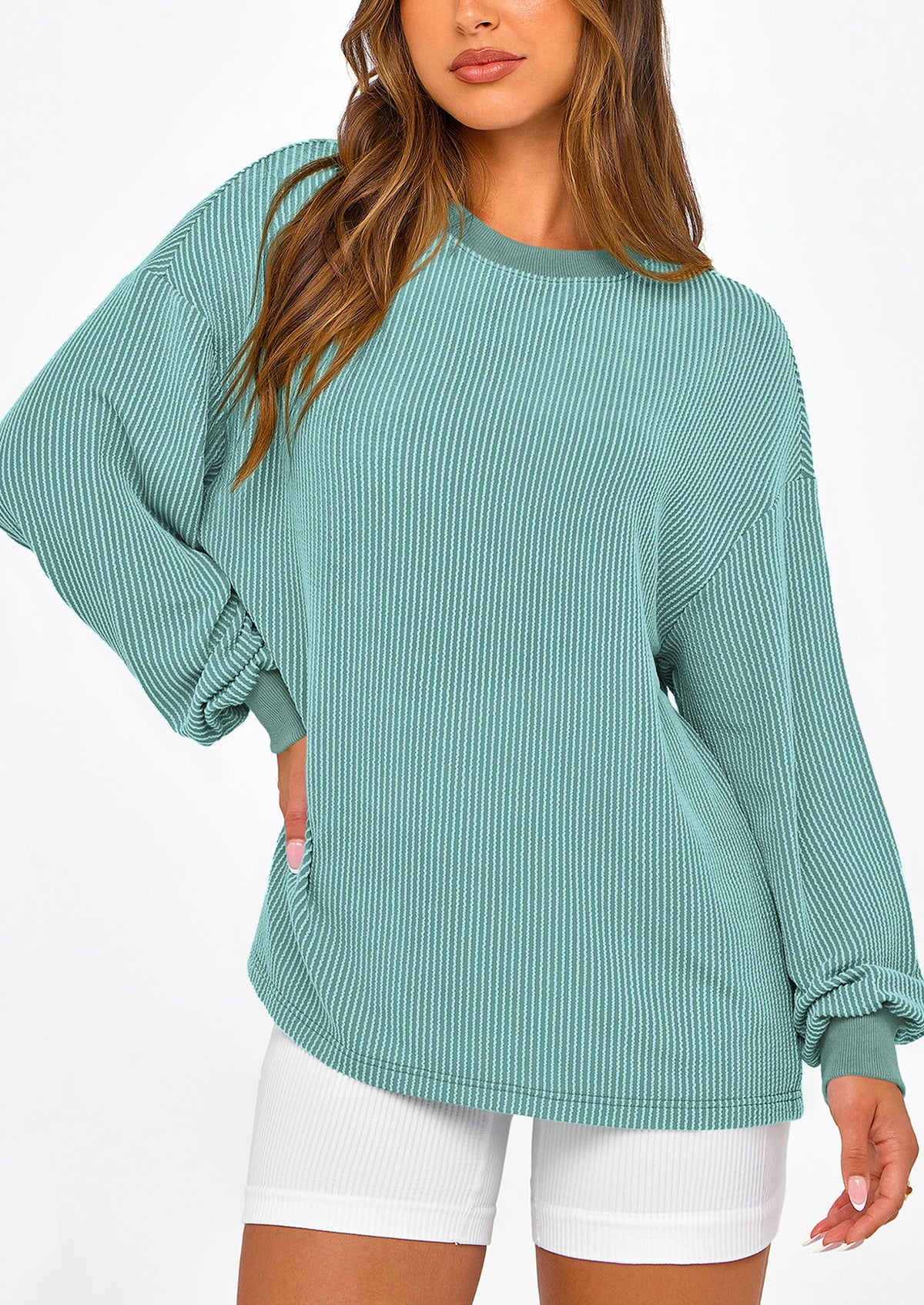 Long Sleeve Casual Loose Crew Neck Ribbed Blouse