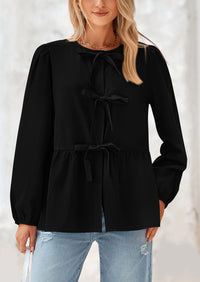 Babydoll Peplum Puff Long Sleeve Bow Tie Front Y2K Blouses