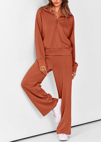 Flip Collar Half Zip Top And Wide Leg Pants Casual Two-Piece Set