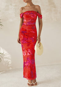 Ruched Bodycon Off Shoulder Floral Mesh Cocktail Party Fitted Maxi Dress