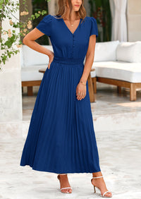 Casual Button V Neck Ruffle Cap Sleeve Long Flowy Pleated Maxi Dresses