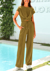 Twist Front Crop T-Shirts Wide Leg Pants Two Piece Sets