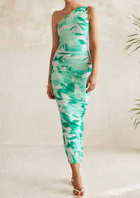 One Shoulder Bodycon Printed Ruched Mesh Party Cocktail Fitted Long Dress