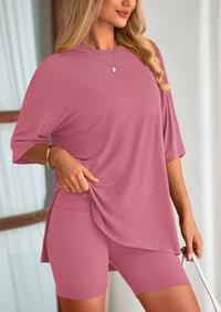 Casual Short Sleeved Round Neck Top Paired With Shorts Two-Piece Set