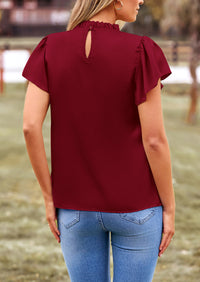 Satin Dressy Casual Ruffle Short Sleeve Crew Neck Work Party Blouses