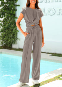 Twist Front Crop T-Shirts Wide Leg Pants Two Piece Sets
