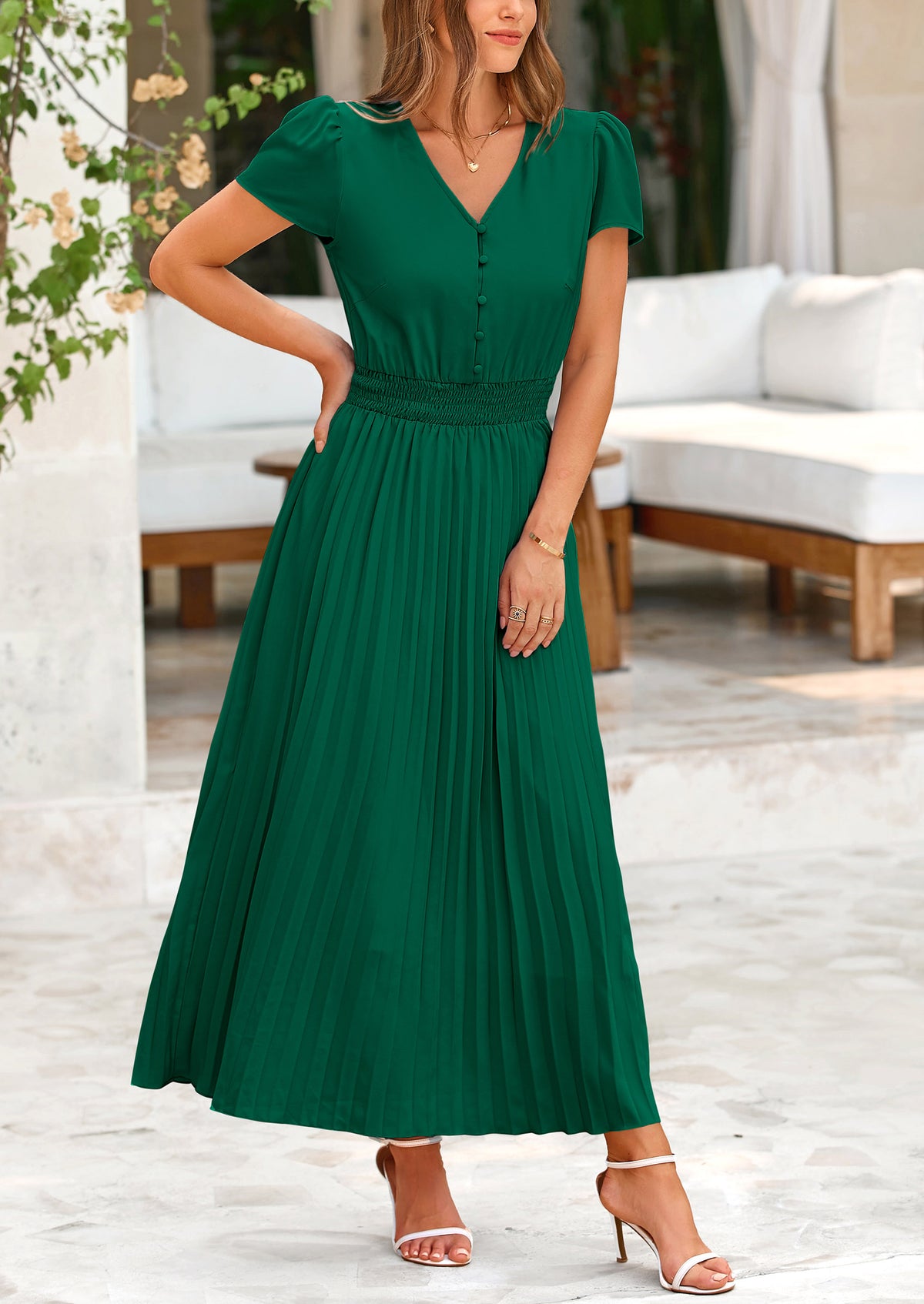 Casual Button V Neck Ruffle Cap Sleeve Long Flowy Pleated Maxi Dresses