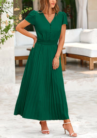 Casual Button V Neck Ruffle Cap Sleeve Long Flowy Pleated Maxi Dresses