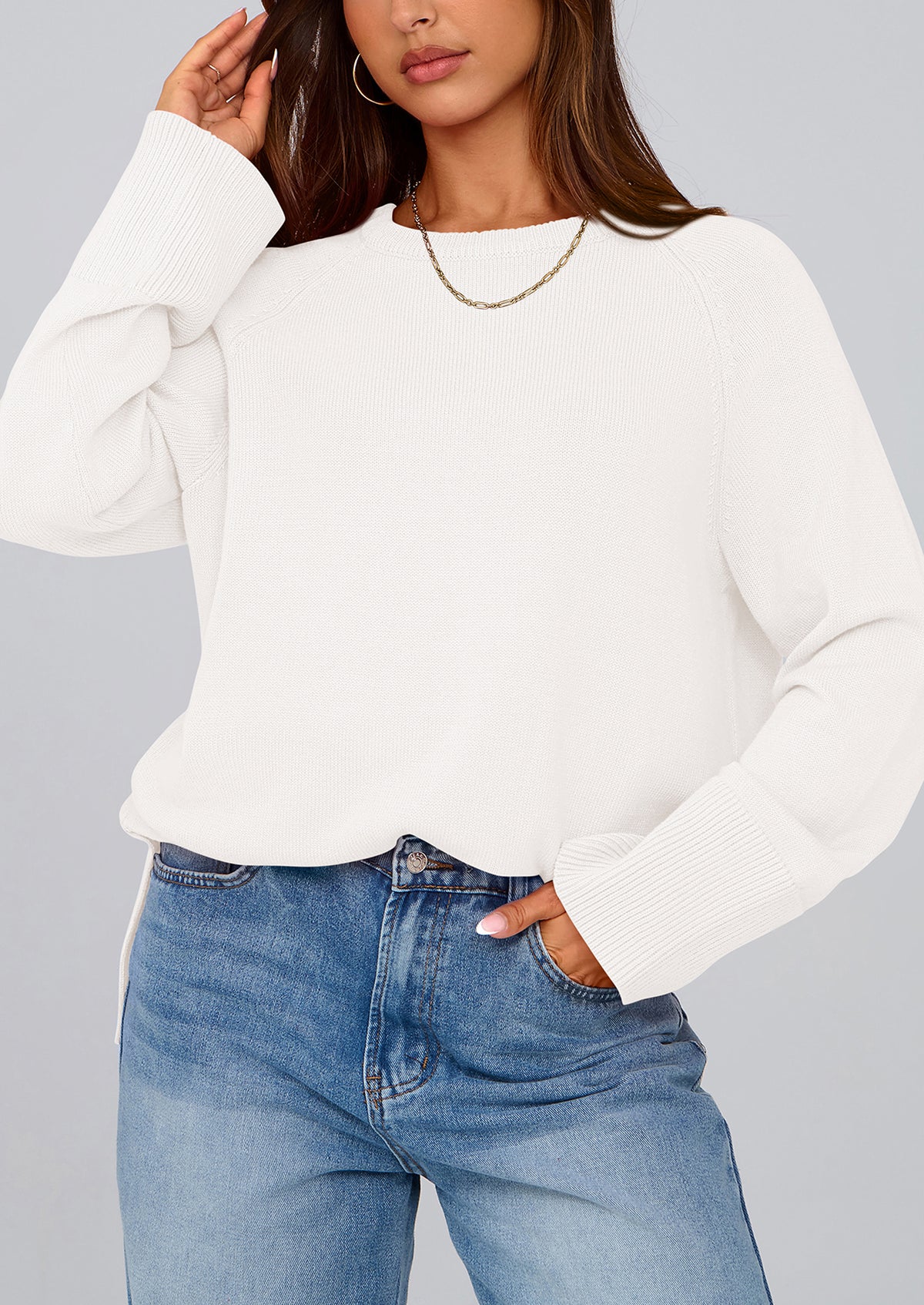 Knit Long Sleeve Crew Neck Split Hem Loose Oversized Tunic Sweaters