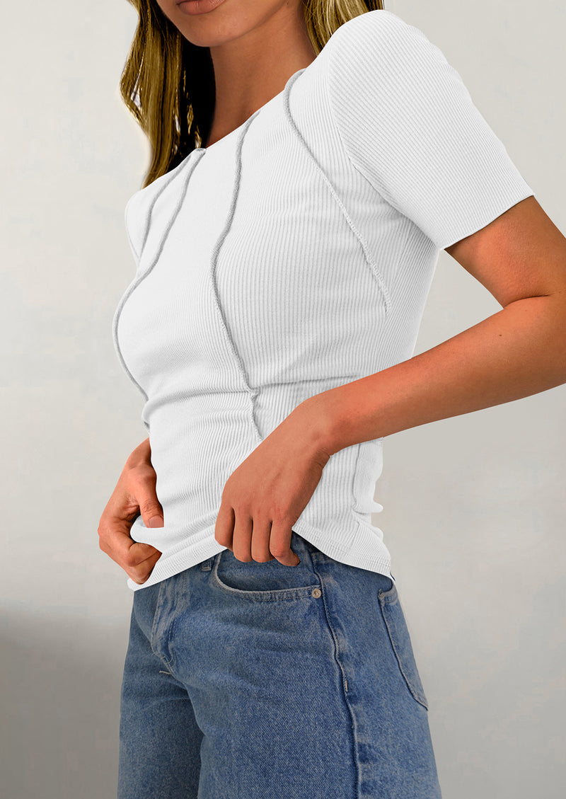 KIRUNDO Ribbed Short Sleeve Tops for Women Summer Casual Crew Neck Cute Crop Basic Tees Slim Fit Exposed Seams T Shirts