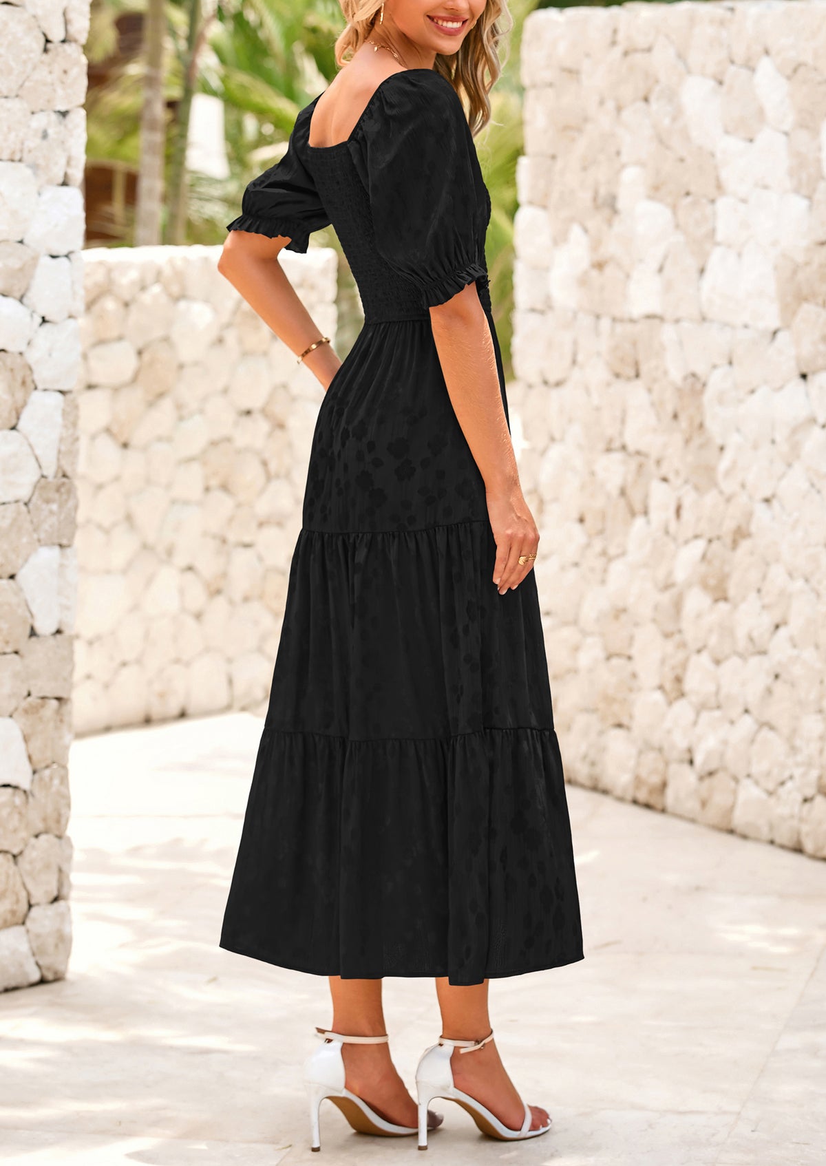 Casual Square Neck Short Sleeve Smocked A Line Floral Flowy Elegant Boho Midi Dresses
