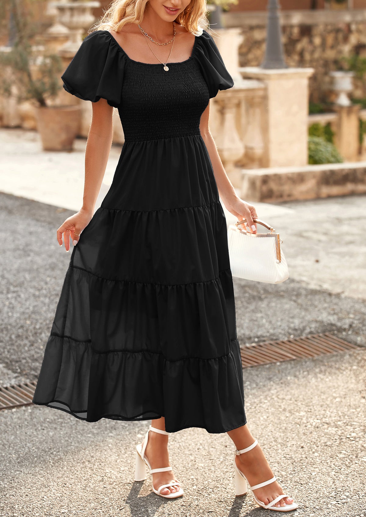 Casual Short Sleeved Square Neck Layered Pleated Dress