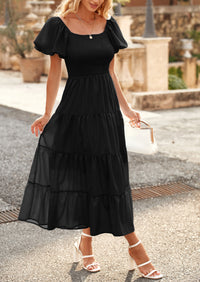 Casual Short Sleeved Square Neck Layered Pleated Dress