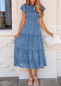 Floral  Summer Cap Sleeve Smocked Ruffle A Line Long Flowy Wedding Guest Midi Dresses