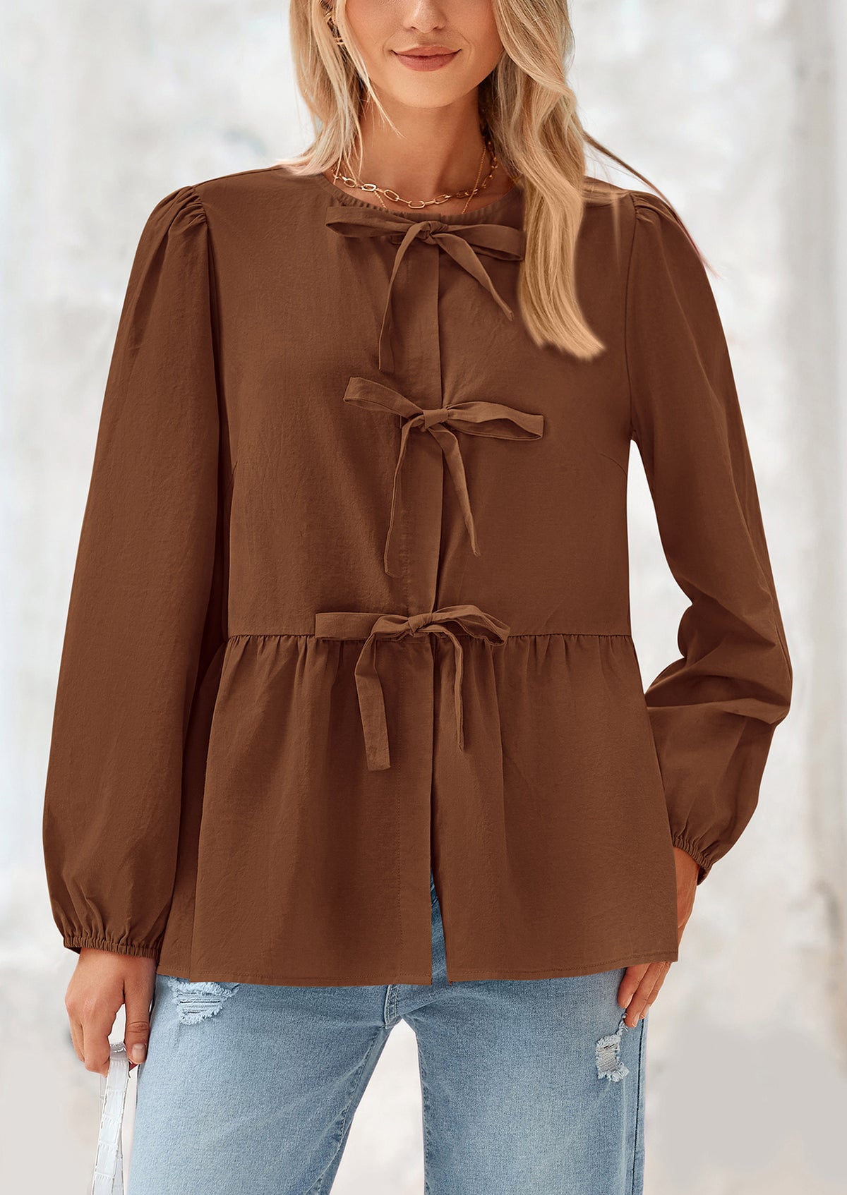 Babydoll Peplum Puff Long Sleeve Bow Tie Front Y2K Blouses