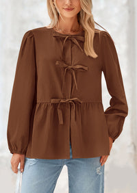 Babydoll Peplum Puff Long Sleeve Bow Tie Front Y2K Blouses