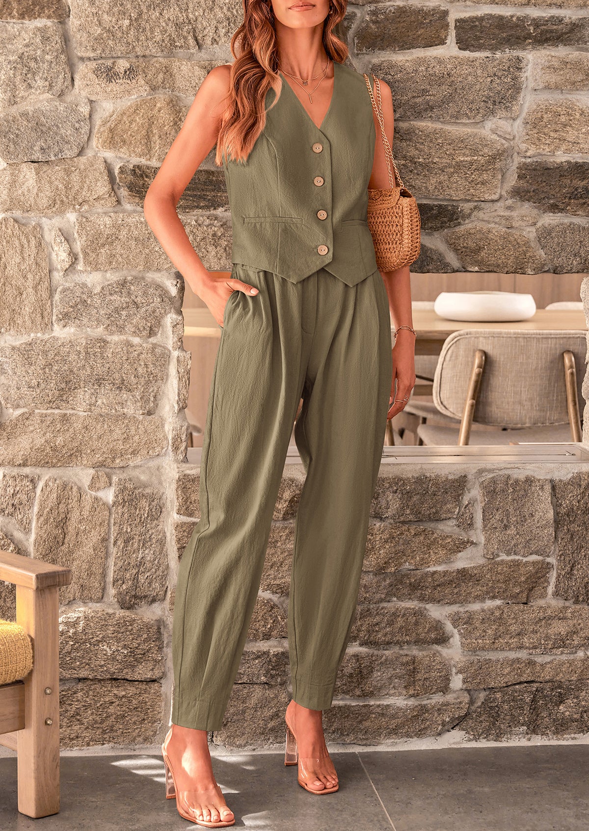 Cotton Deep V Neck Button Front Cropped Vest Pants With Pockets Two Piece Sets