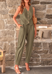 Cotton Deep V Neck Button Front Cropped Vest Pants With Pockets Two Piece Sets