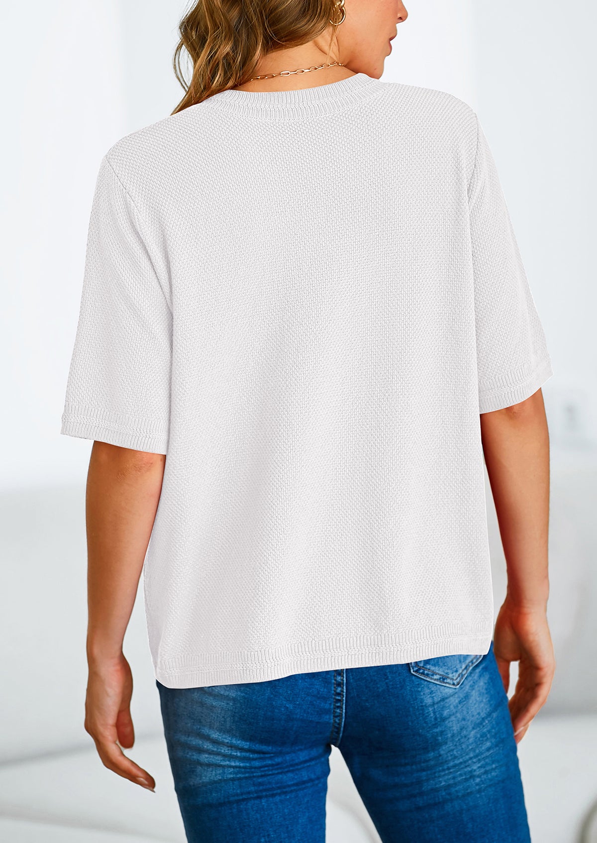 Button Down Casual Short Sleeve Crew Neck Ribbed Knit Shirts