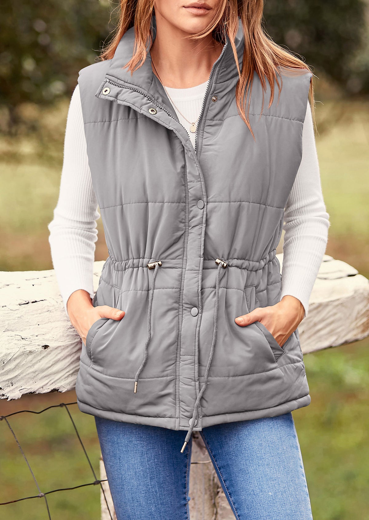Casual Button Zipper Vest, Drawstring Sleeveless Jacket