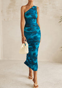 One Shoulder Bodycon Printed Ruched Mesh Party Cocktail Fitted Long Dress