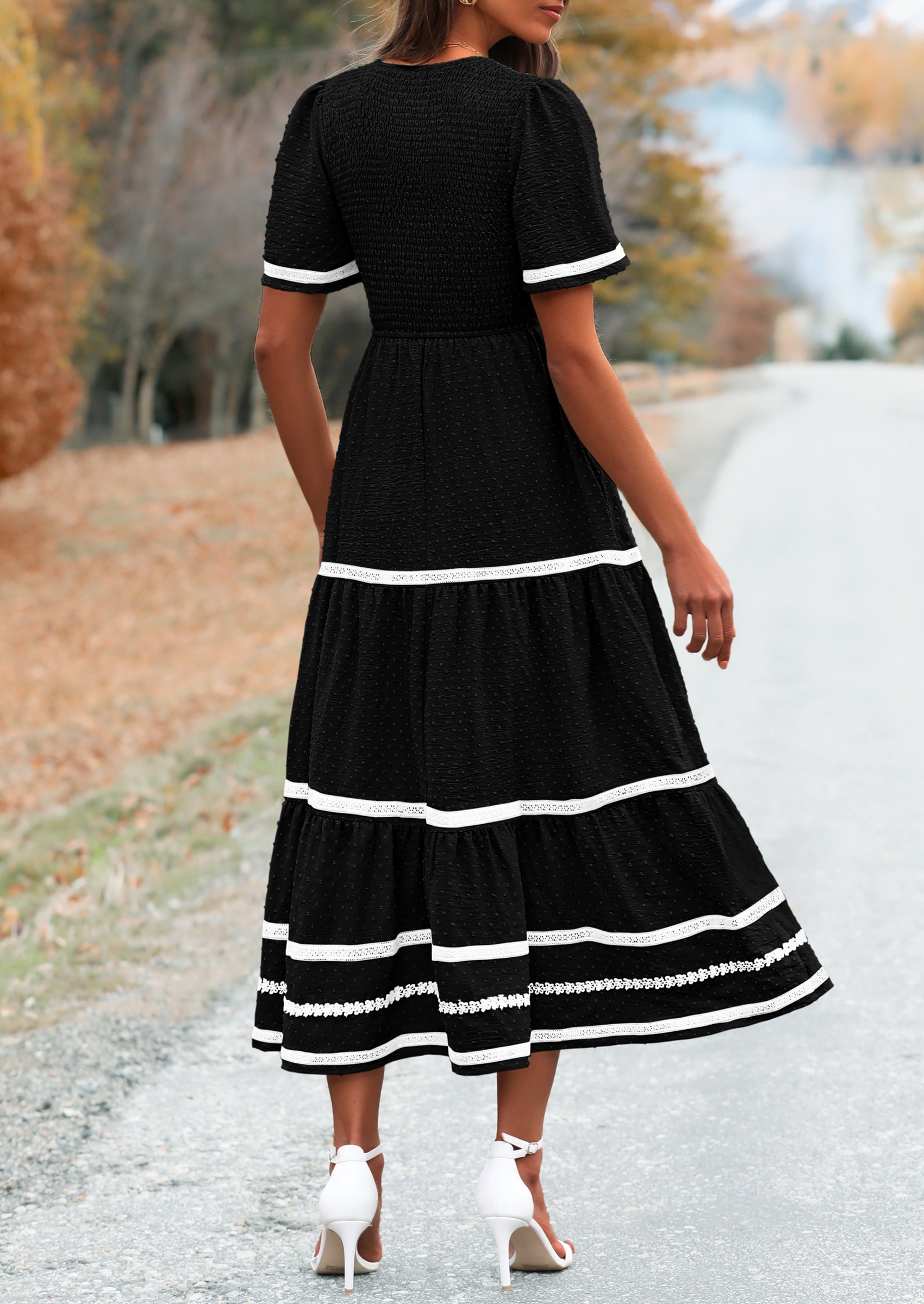 PRETTYGARDEN Women's Casual Summer Maxi Dress Short Sleeve Swiss Dot V Neck Smocked Long Flowy Beach Dresses