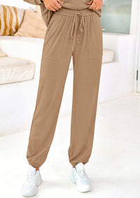 Solid Color Casual Top Drawstring Pants Two-Piece Sets