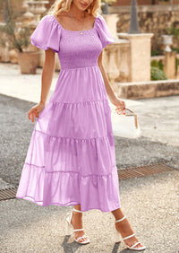 Casual Short Sleeved Square Neck Layered Pleated Dress