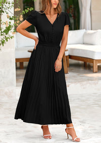 Casual Button V Neck Ruffle Cap Sleeve Long Flowy Pleated Maxi Dresses