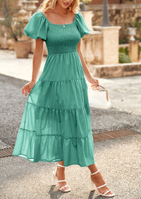 Casual Short Sleeved Square Neck Layered Pleated Dress