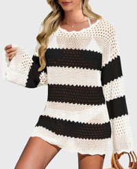 Long Sleeve Knit Crochet Bathing Beach Vacation Cover Up Dresses