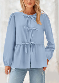 Babydoll Peplum Puff Long Sleeve Bow Tie Front Y2K Blouses