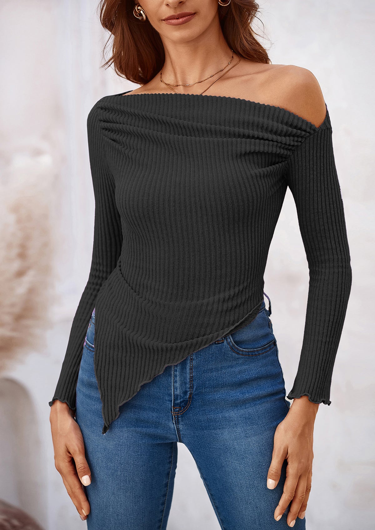 Long Sleeve Y2K Crop Top Off Shoulder Asymmetrical Fitted Knit Blouses