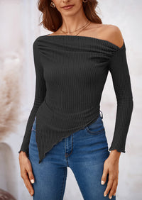 Long Sleeve Y2K Crop Top Off Shoulder Asymmetrical Fitted Knit Blouses