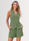 PRETTYGARDEN Women's Summer 2 Piece Outfits Sleeveless Matching Sets Button Down V Neck Vest Waistcoat and Pockets Shorts
