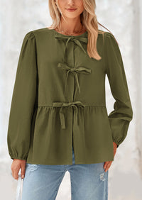Babydoll Peplum Puff Long Sleeve Bow Tie Front Y2K Blouses