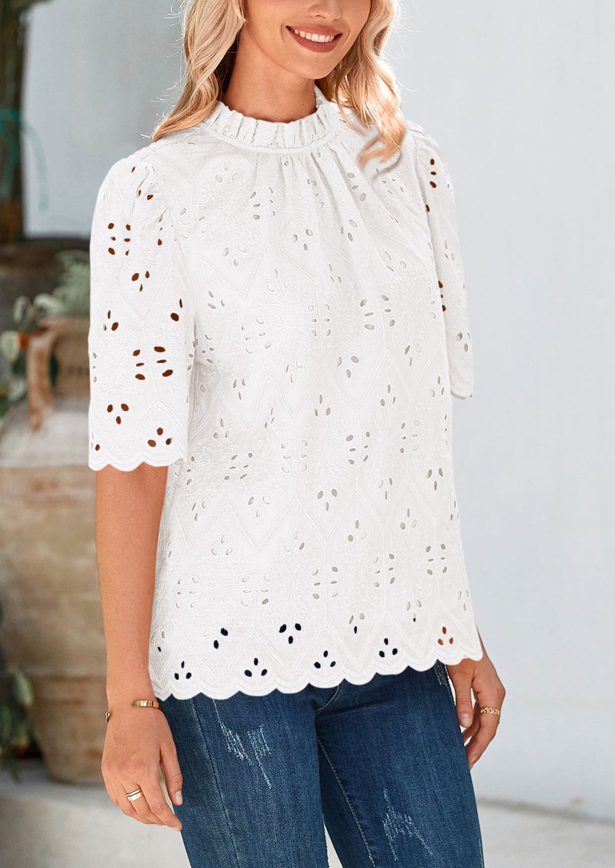 Short Sleeve Eyelet Embroidered Dressy Casual Blouse