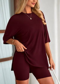 Casual Short Sleeved Round Neck Top Paired With Shorts Two-Piece Set