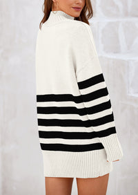Striped Turtleneck Long Sleeve Loose Fit Chunky Knit Casual Mini Sweater Dresses
