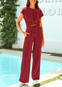 Twist Front Crop T-Shirts Wide Leg Pants Two Piece Sets