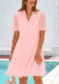 Short Sleeve V Neck Hollow Out Eyelet Ruffle A Line Swing Mini Dress