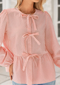 Babydoll Peplum Puff Long Sleeve Bow Tie Front Cute Y2K Blouses