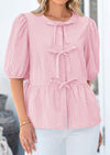 PRETTYGARDEN Women's Tie Front Striped Shirt Summer Trendy Fashion Cute Babydoll Tops Peplum Puffy Sleeve Blouse
