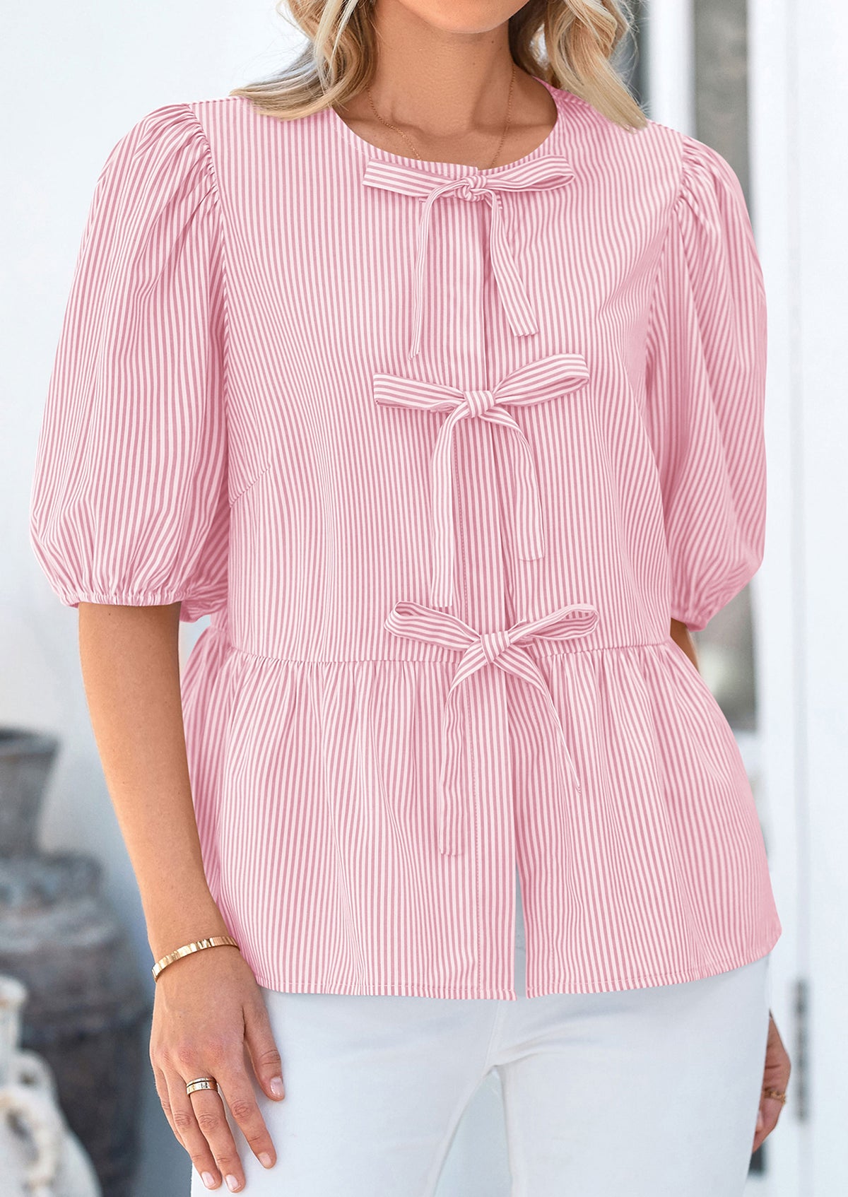 Striped Round Neck Front, Lace Up Bubble Sleeves Tops