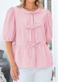 Striped Round Neck Front, Lace Up Bubble Sleeves Tops