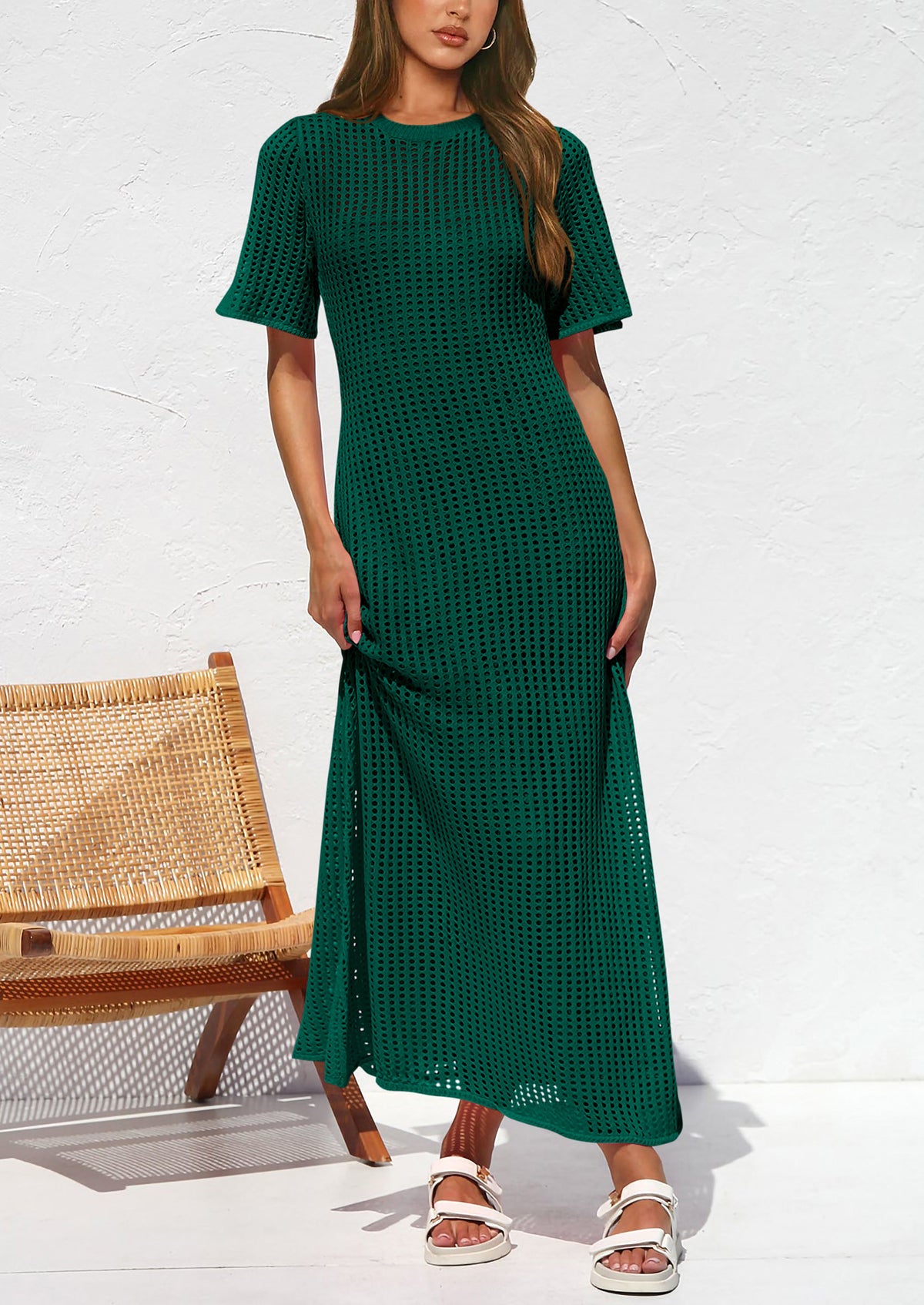 Eyelet Beach Vacation Resort Short Sleeve Hollow Out Dress Cover Up Maxi Dresses