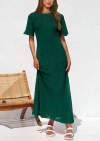 Eyelet Beach Vacation Resort Short Sleeve Hollow Out Dress Cover Up Maxi Dresses