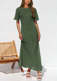 Eyelet Beach Vacation Resort Short Sleeve Hollow Out Dress Cover Up Maxi Dresses