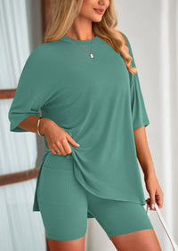 Casual Short Sleeved Round Neck Top Paired With Shorts Two-Piece Set