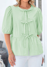 Striped Round Neck Front, Lace Up Bubble Sleeves Tops